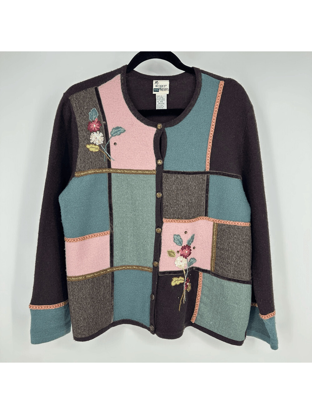Koret Petite Wool Cardigan Sweater Patchwork Floral Embroidered Cottagecore - Picture 12 of 12